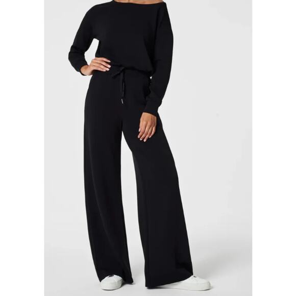 Spanx Airessentials Long Sleeve Wide Leg Jumpsuit in Very Black Sz Large Petite - Picture 1 of 15